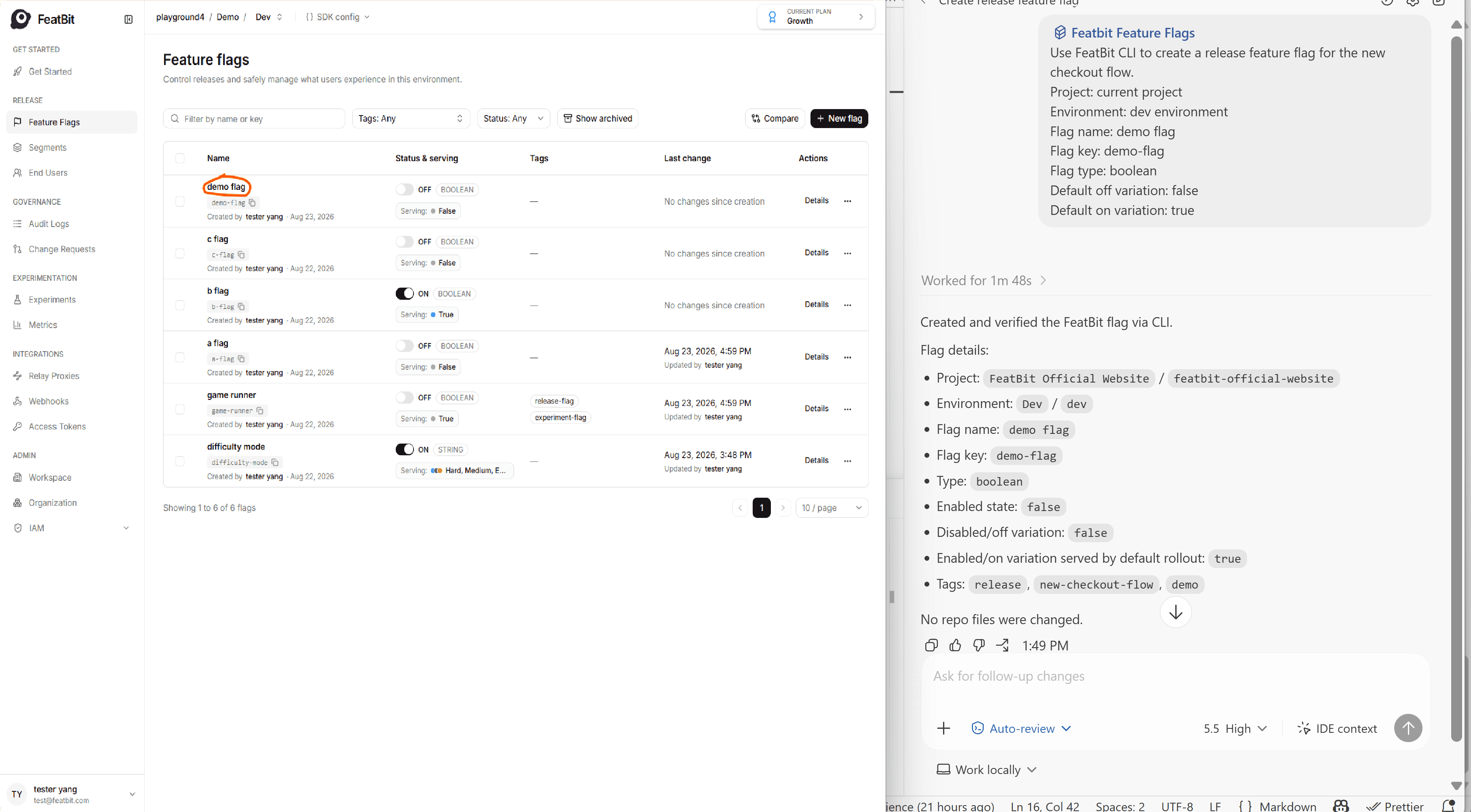 Codex creating a feature flag through FeatBit CLI