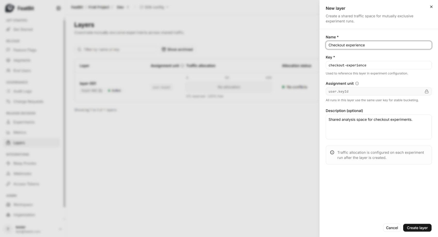 New Checkout experience Layer with checkout-experience key and fixed user.keyId assignment unit