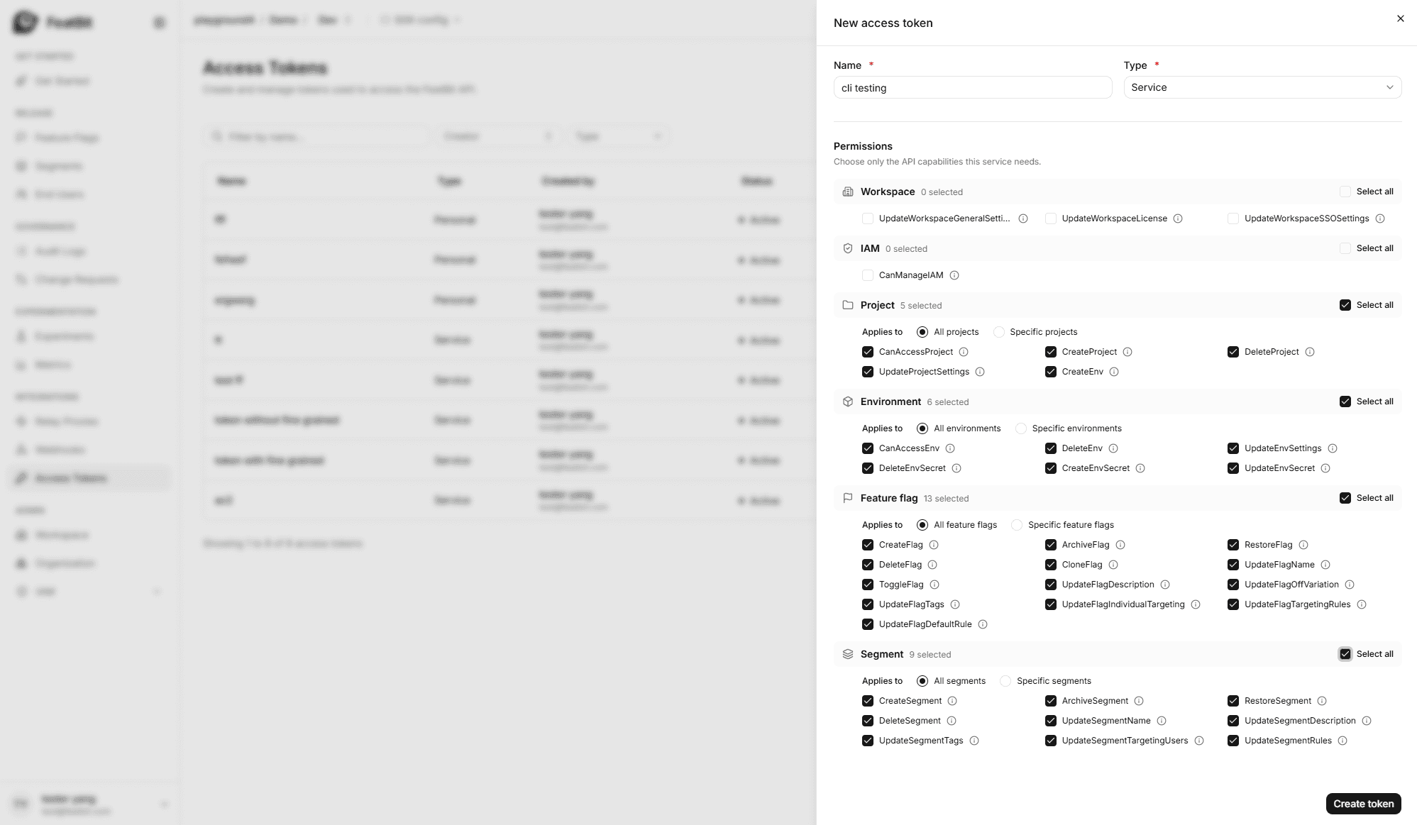 Access token permission configuration for feature flags