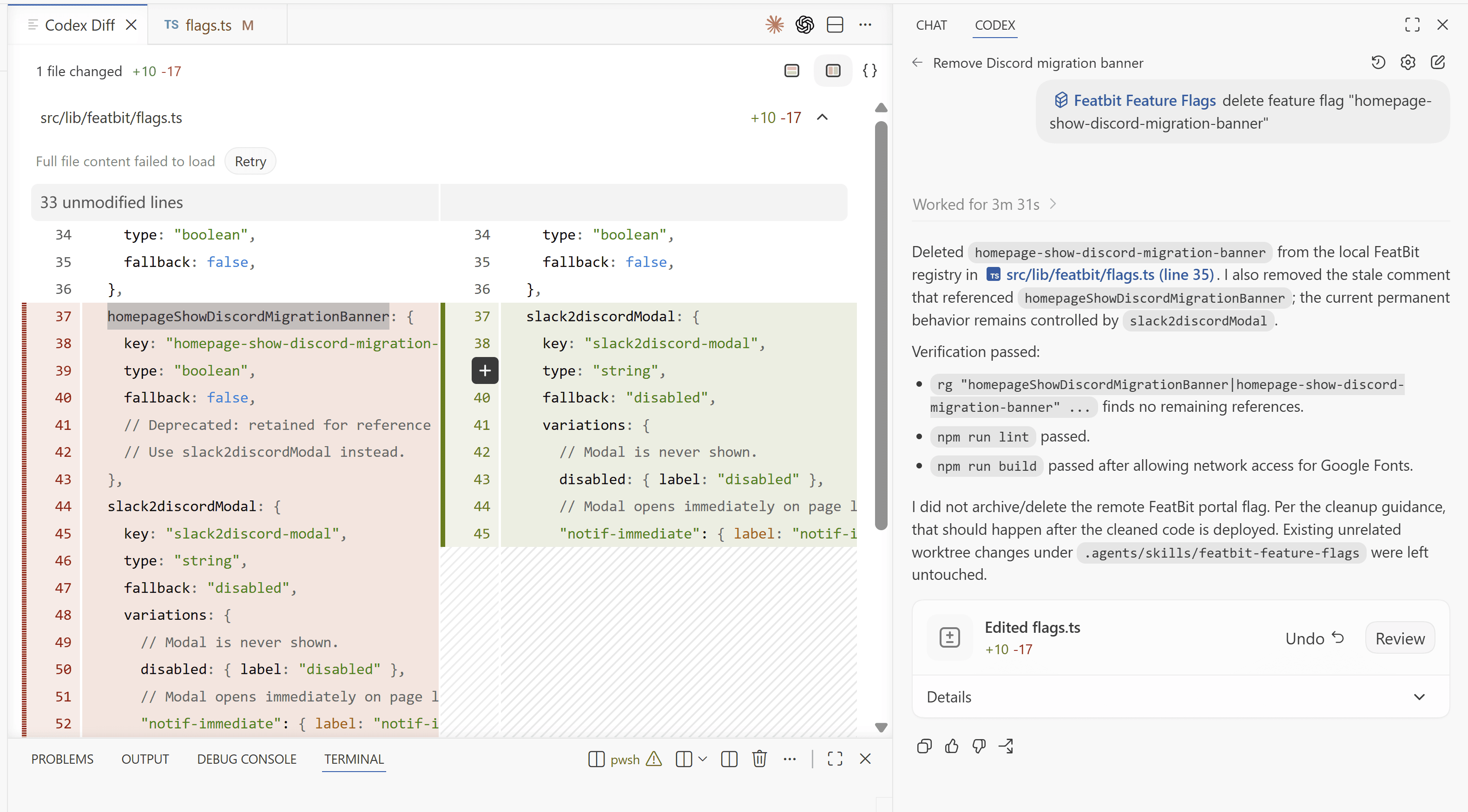 Coding agent cleans up a FeatBit feature flag
